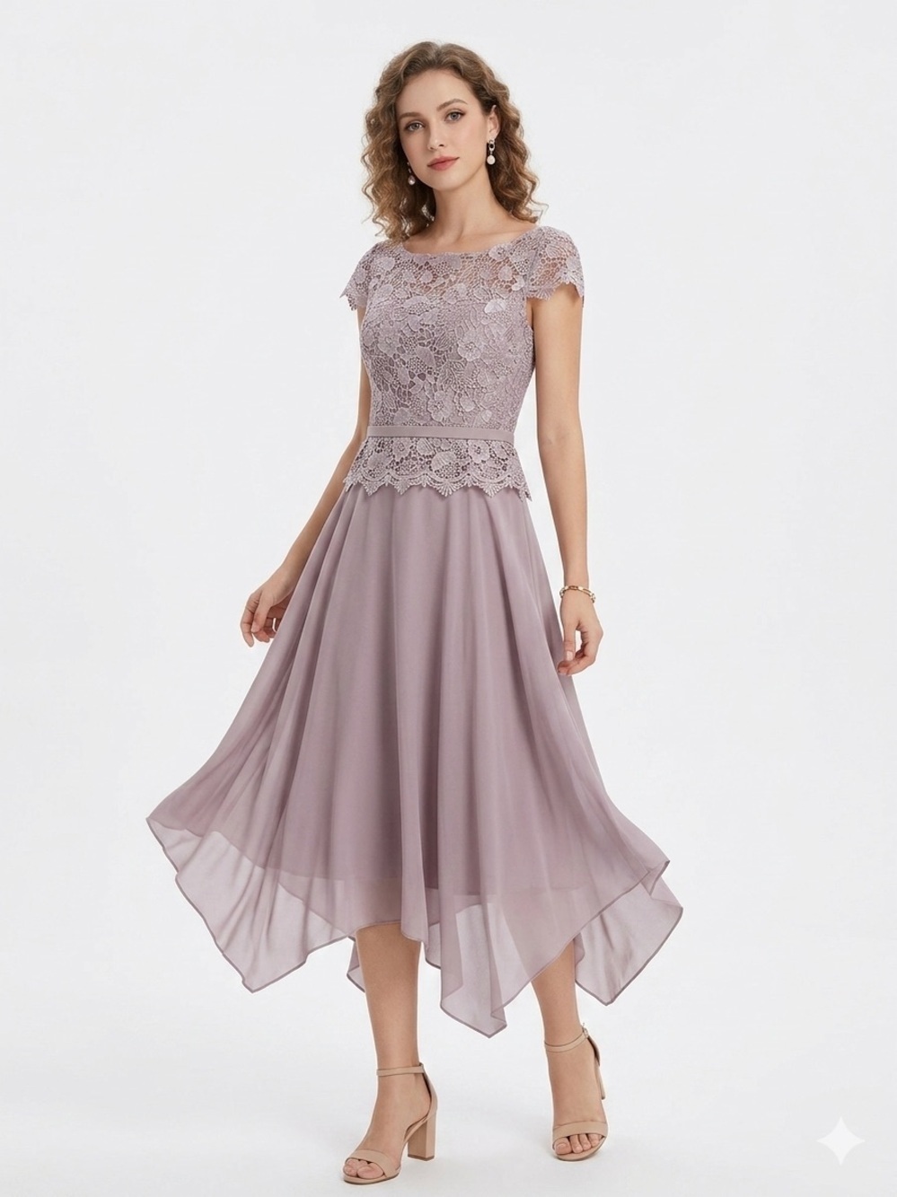 JJ’s House Mauve Lace Formal Dress XS Bridesmaid Wedding Guest Chiffon Midi
